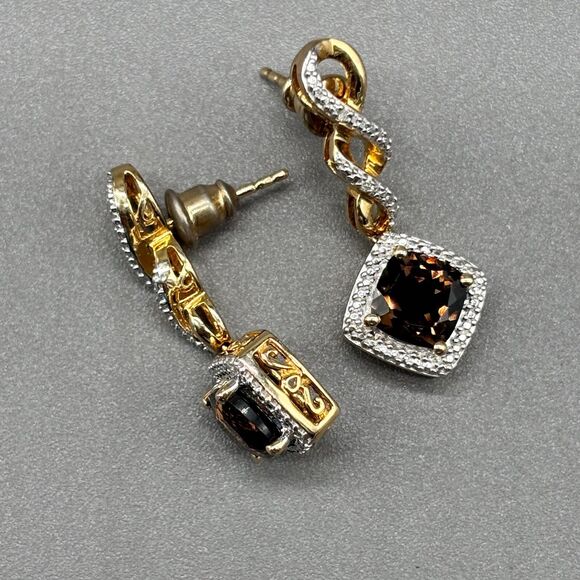Sterling Silver 925 Smoky Quartz Dangle Earrings Gold Plated CZ Rhinestone Halo - Picture 7 of 11